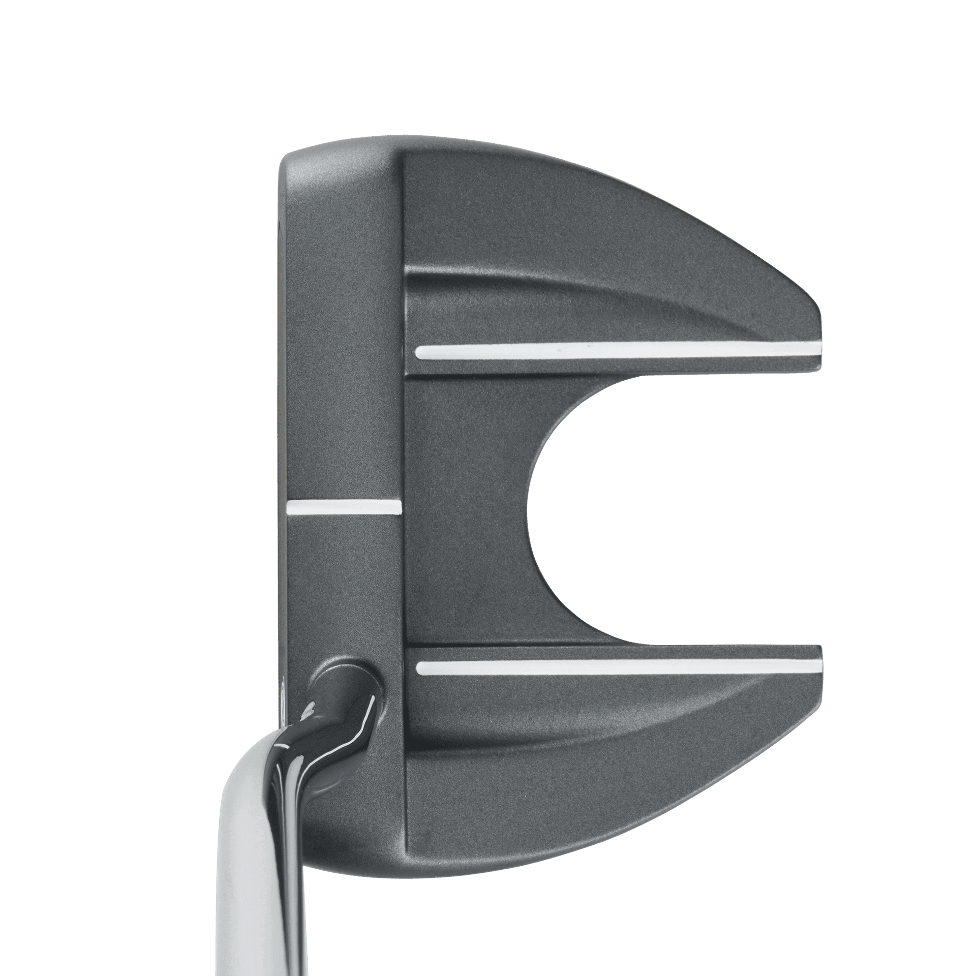 Odyssey DFX V-Line Fang DB from above at address showing double-bend shaft entering the heel